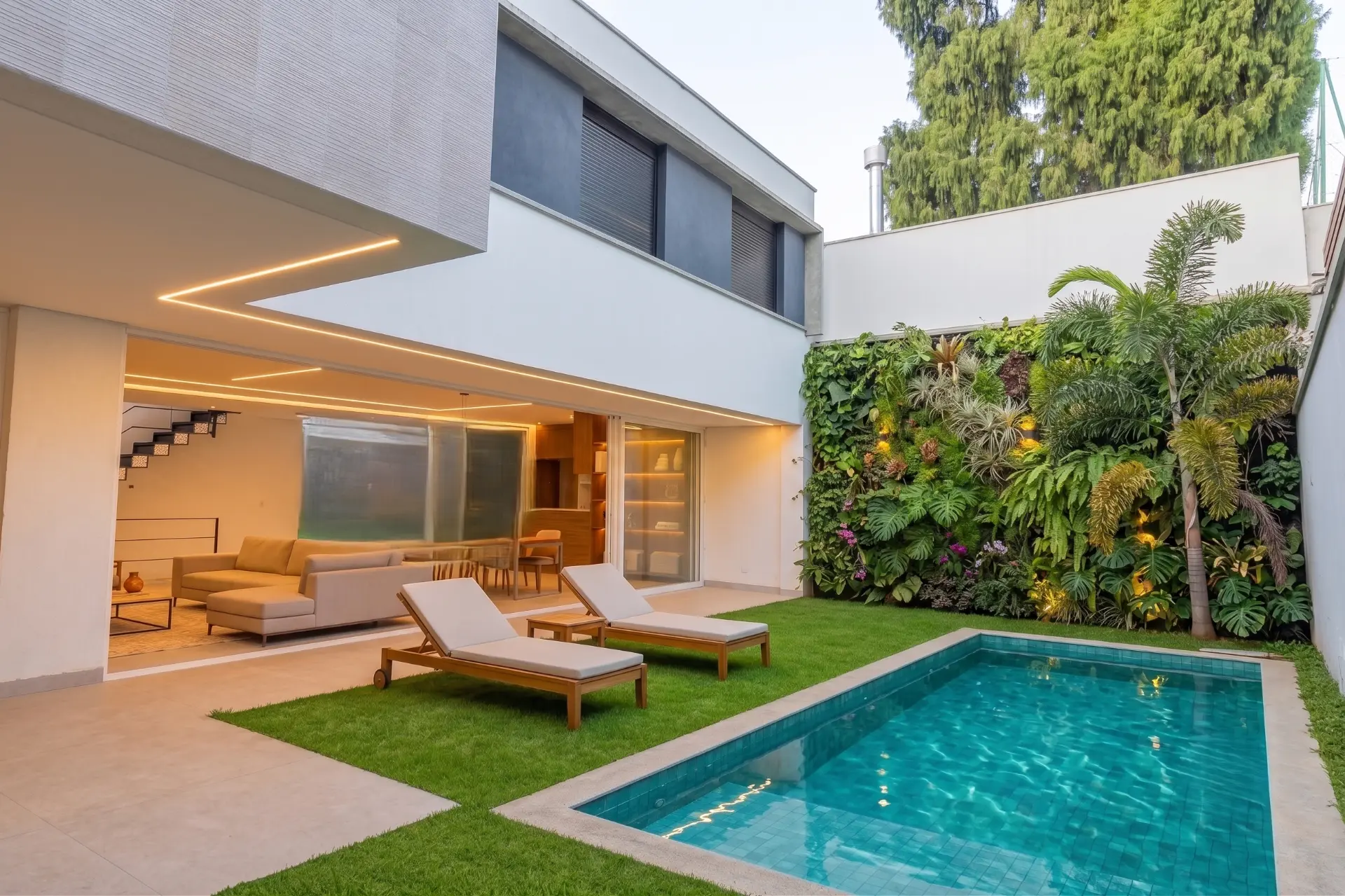 Área externa com piscina e jardim vertical no Condomínio Jade Brooklin